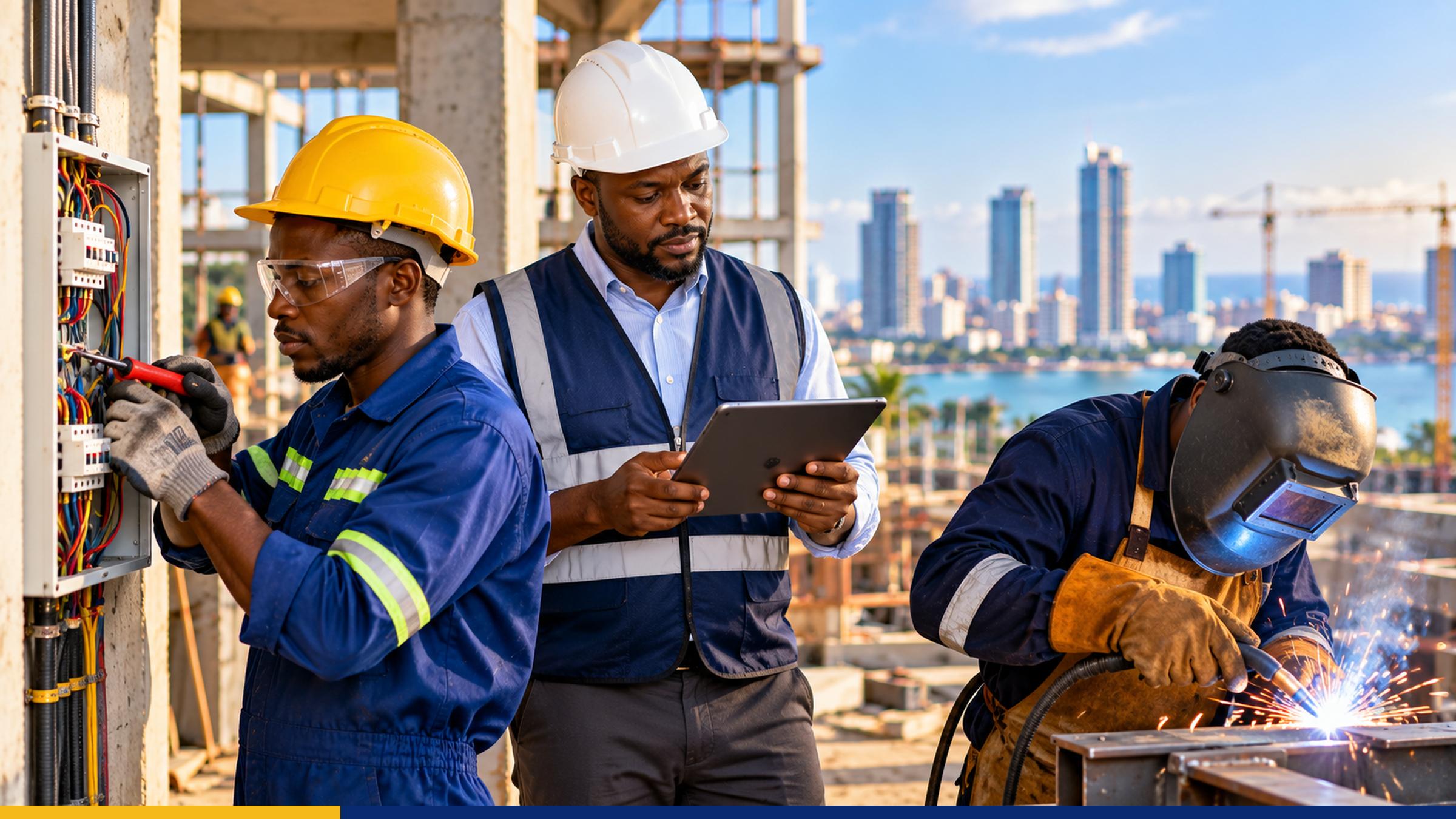 Tanzanian electrician, site supervisor and welder working in protective equipment at a construction site