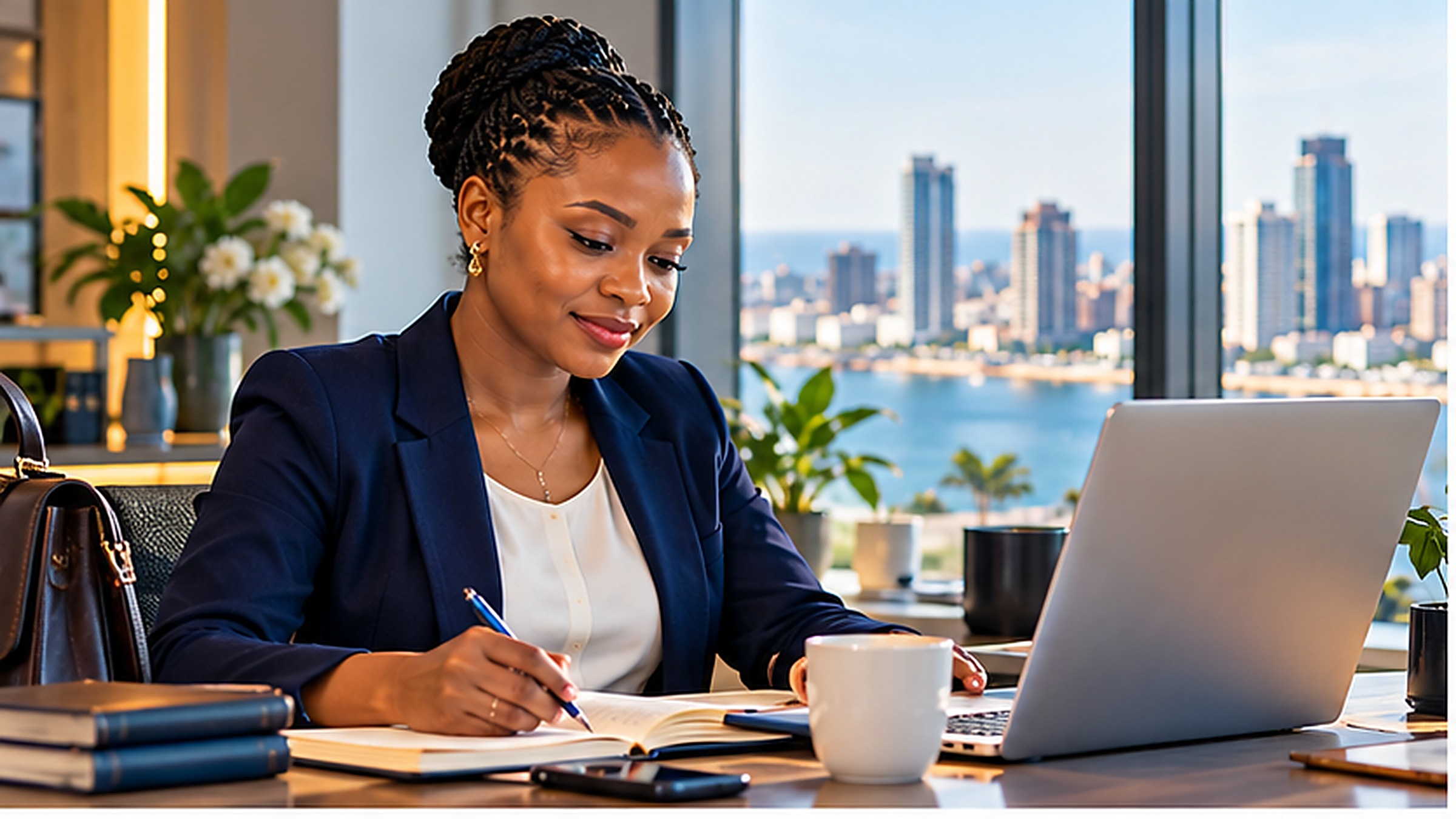 Tanzanian professional updating a career CV and preparing to return to work at a modern desk
