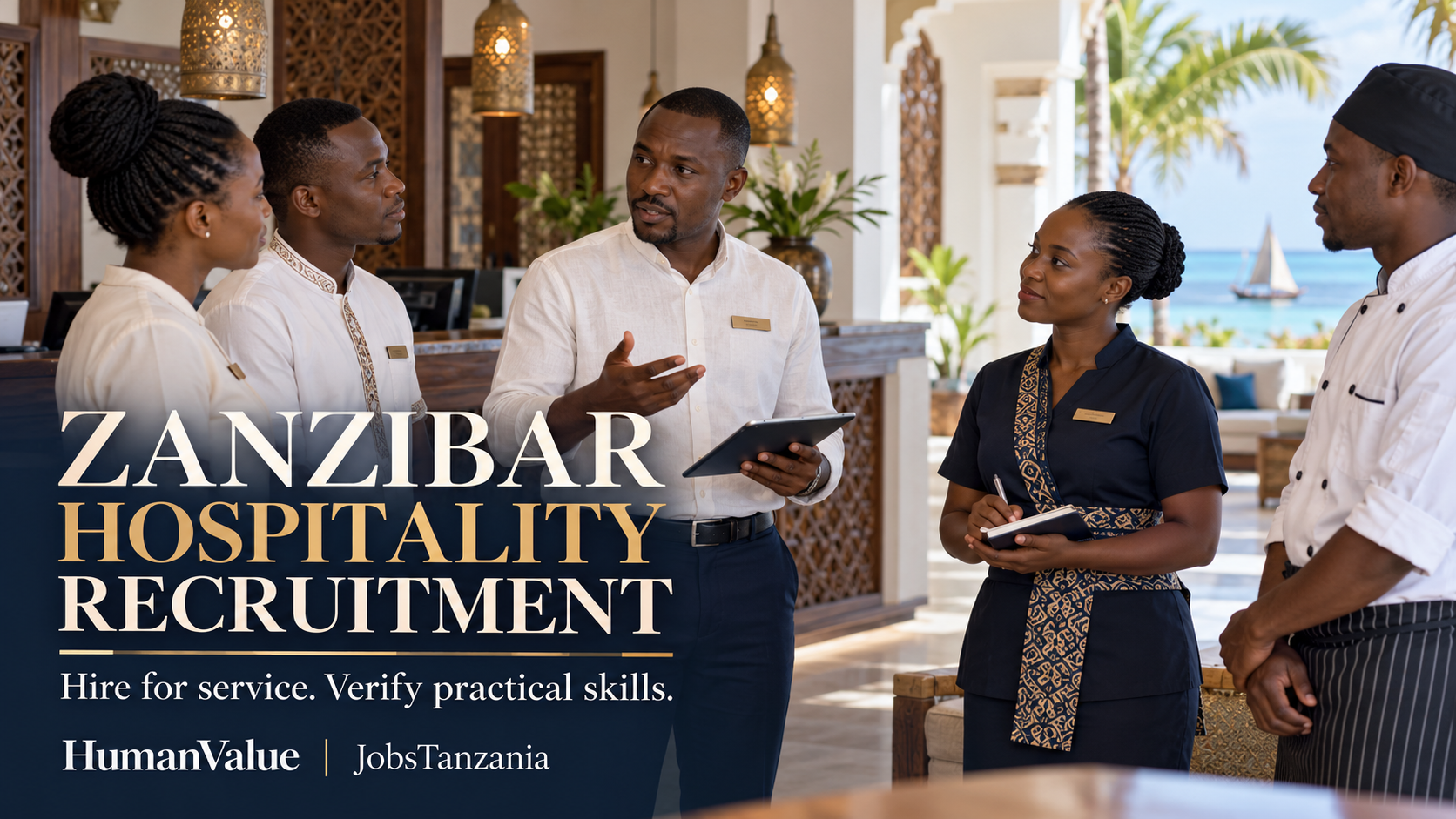 East African hospitality team discussing service standards in a Zanzibar hotel reception.